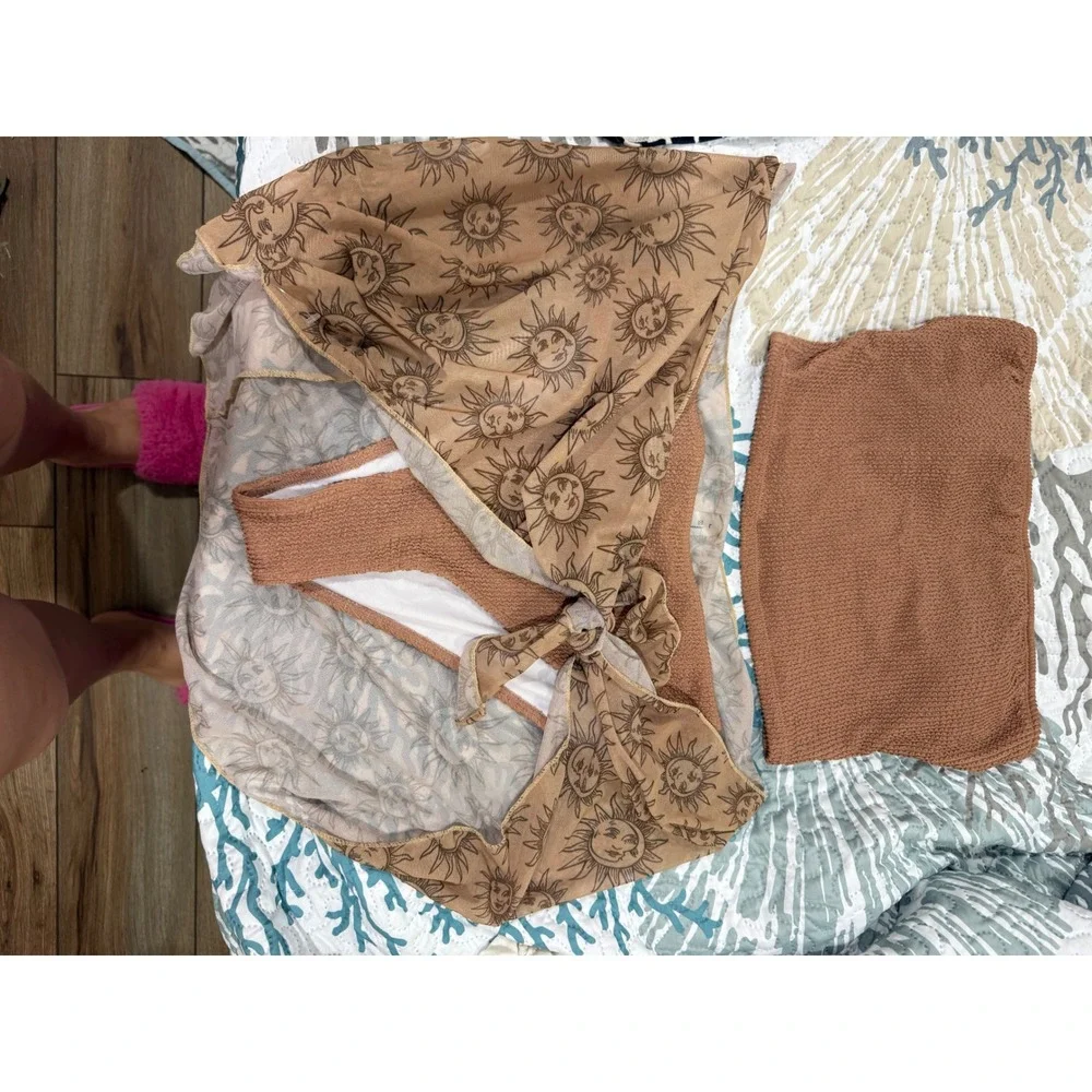 Unbranded Terracotta Brown Smocked Bandeau Bikini Set with Sun Mesh Sarong L